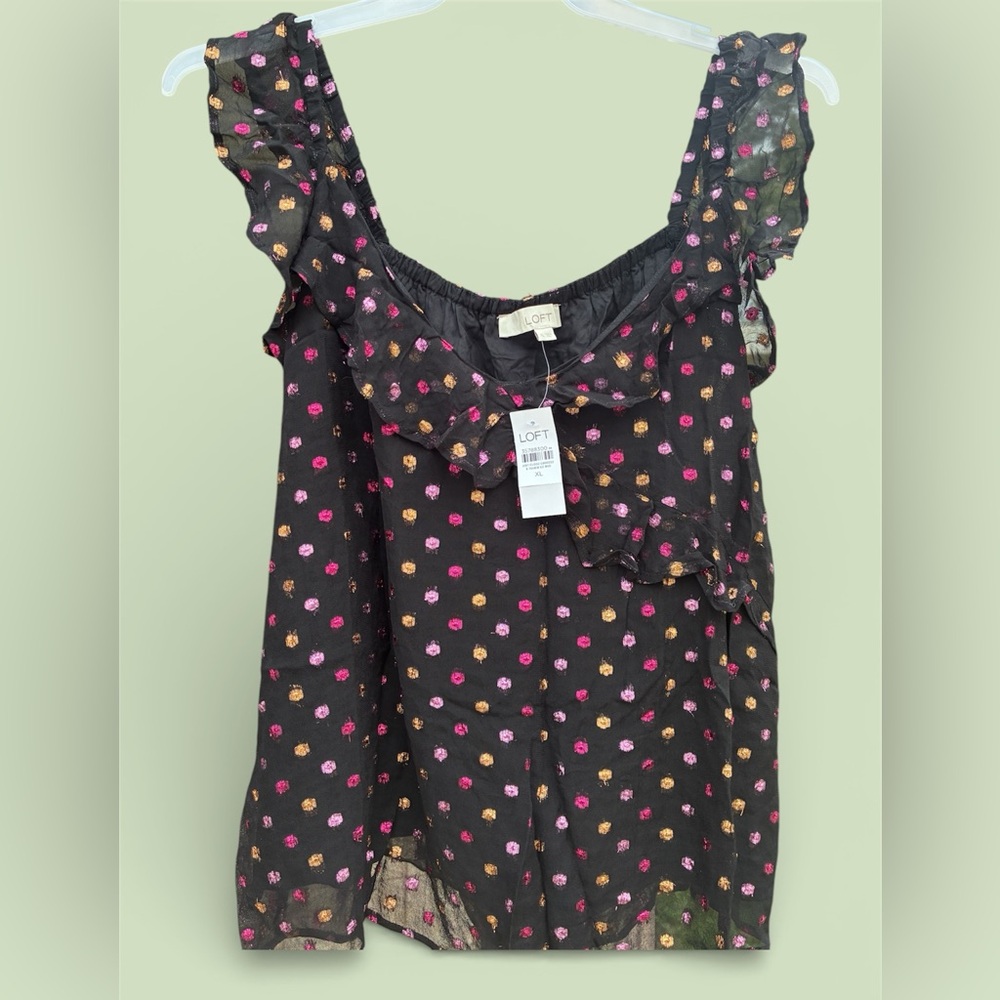 LOFT NWT Black Metallic Polka Dot Sheer Blouse XL Ruffle Chiffon
